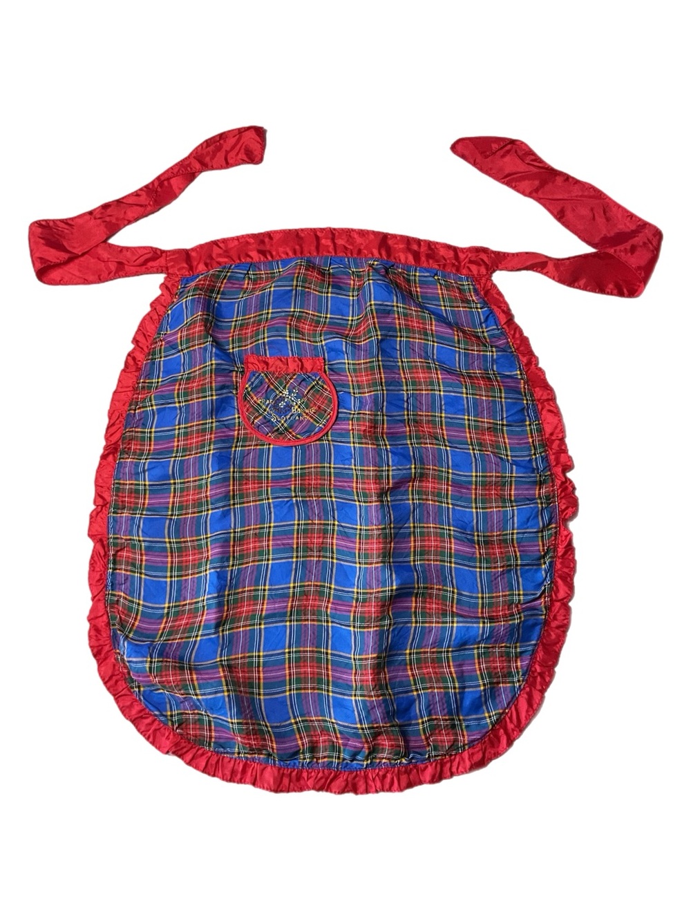 "Vintage 1960s Frae Bonnie Scotland Tartan Taffeta Half Apron, Embroidered Pocke